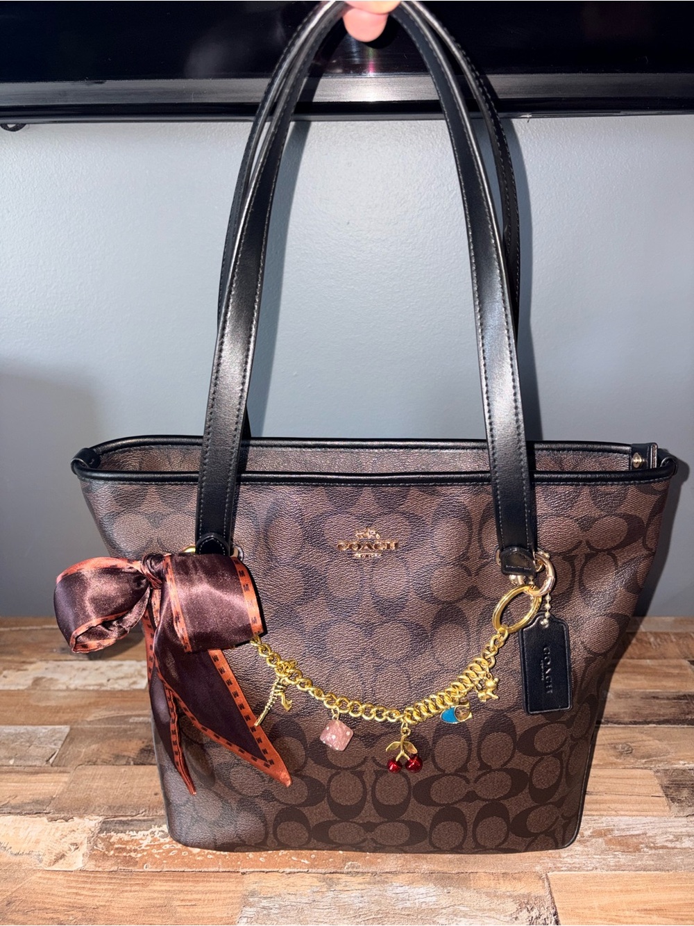 Coach Brown Signature Medium Size Tote with Black Straps F58294